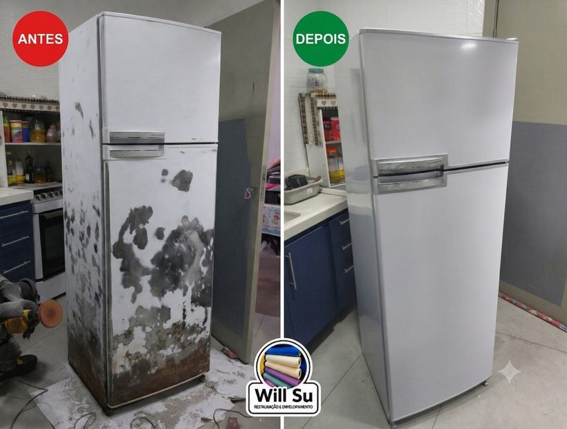 Geladeira com mofo antes e depois